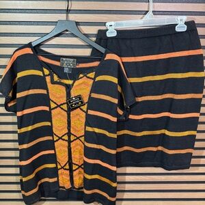 Native Nite Two-Piece Knit Set in Black with Orange & Mustard Stripes